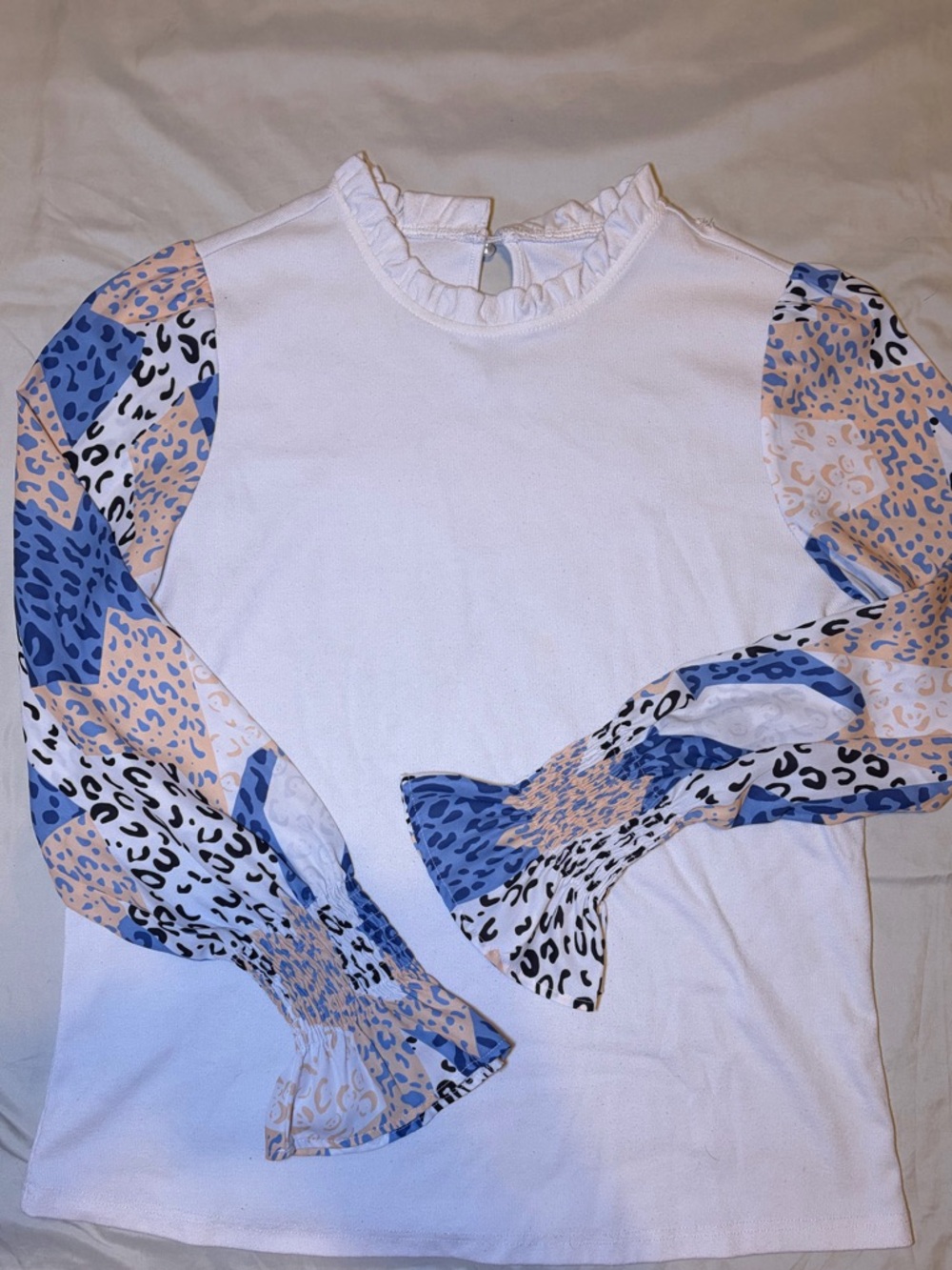 Women’s White Long Sleeve Top with Blue & Peach Animal-Print Sheer Sleeves